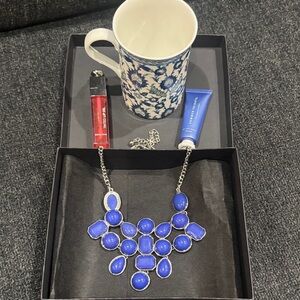 Summer Fridays mask, Blue and White Mug, Nicole Miller Lip Oil & Necklace Set